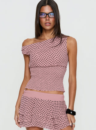 Ready To Party Off Shoulder Top Pink  Black Polka