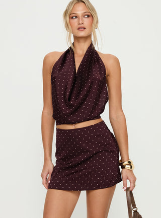 Keiana Mini Skirt Burgundy  Pink Polka