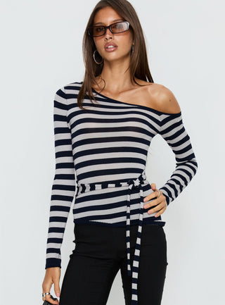 Kastor One Shoulder Long Sleeve Top Navy  Grey Stripe