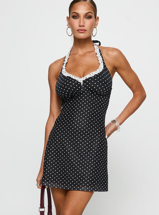 Black Beauty Halter Mini Dress Black  Polka