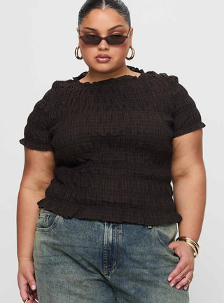 Romelle Shirred Top Black  Brown Plaid