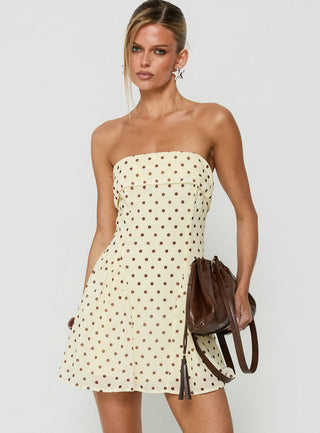 Dalona Strapless Drop Waist Mini Dress Yellow Polka Dot