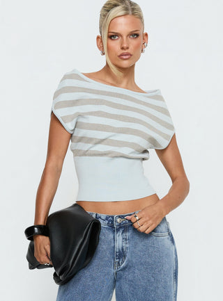 Vianne Cinched Waist Short Sleeve Knit Top Blue  Grey Stripe
