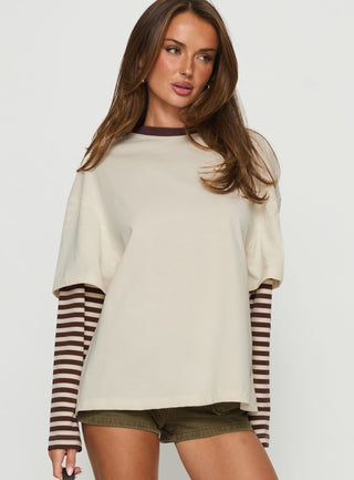 Ryann Long Sleeve Layered Top Cream  Brown Stripe