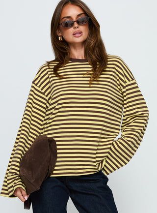 Settle Down Long Sleeve Top Yellow  Brown Stripe