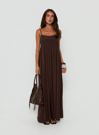 Wildah Linen Smock Maxi Dress Brown