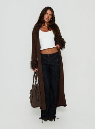 Marriah Longline Faux Fur Trim Cardigan Chocolate