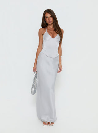 Devotedness Satin Corset Maxi Dress Silver