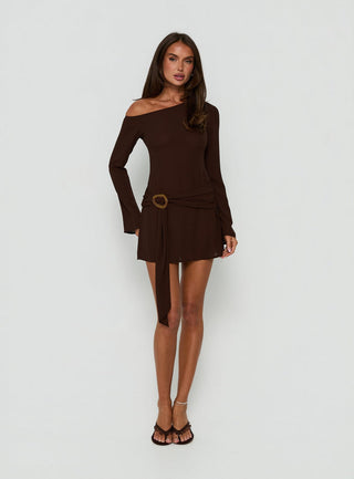 Still Spinning One Shoulder Belted Mini Dress Brown