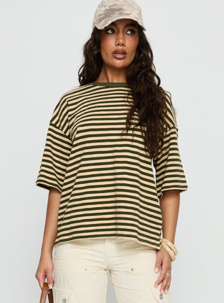 Settle Down Short Sleeve Top Green  Cream Stripe