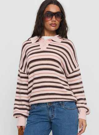 Jeanny Collared Knit Sweater Brown  Pink Stripe