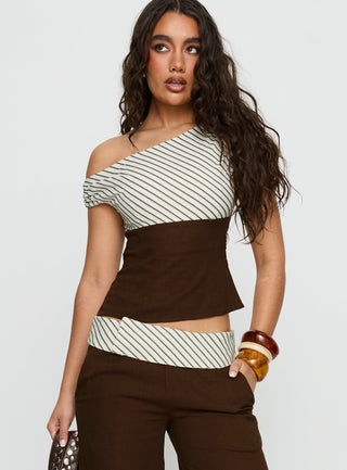 Past Life One Shoulder Top Brown  Stripe