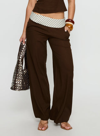 Past Life Fold Over Waistband Pant Brown  Stripe