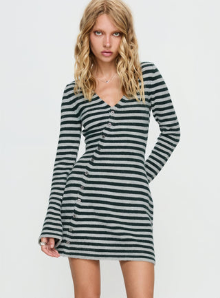 Morgen Asymmetrical Long Sleeve Mini Dress Grey  Green Stripe
