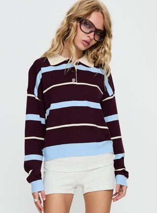 Aiyanna Collared Rugby Jersey Brown  Blue Stripe