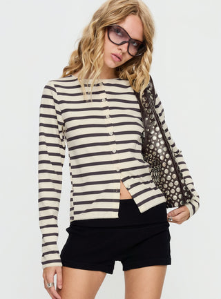 Marvella Button Up Long sleeve Top Dark Grey  Cream Stripe
