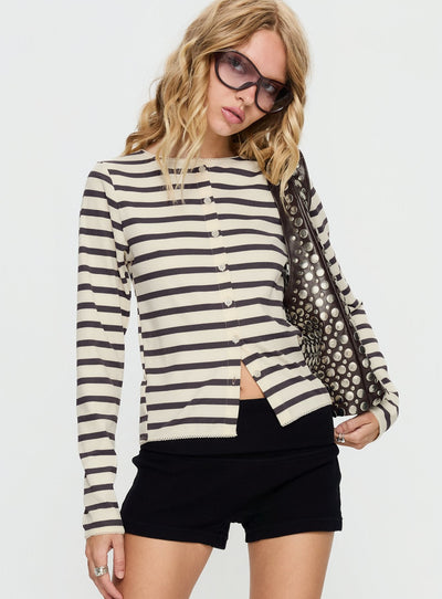 Marvella Button Up Long sleeve Top Dark Grey  Cream Stripe