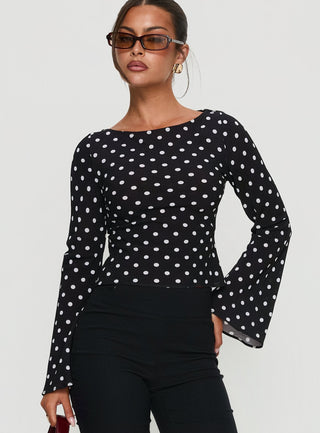 Lady Lady Long Sleeve Backless Top Black  White Polka