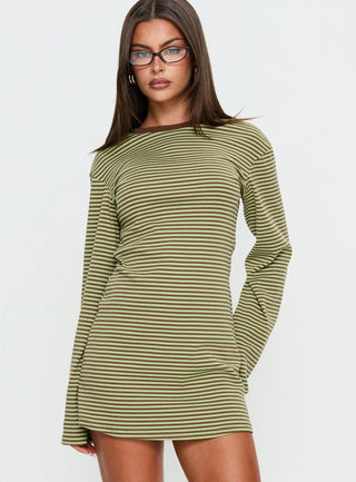 Lulolah Long Sleeve Mini Dress Green  Chocolate Stripe