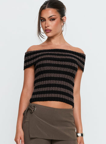 Murmur Off Shoulder Top Brown  Black Stripe