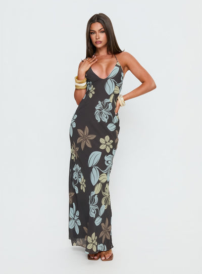 Esmira Halter Maxi Dress Chocolate  Blue Floral