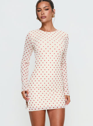 Nyxia Long Sleeve Mini Dress Cream  Red Polka