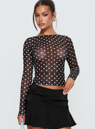 Rosenda Mesh Long Sleeve Top Black  White Polka