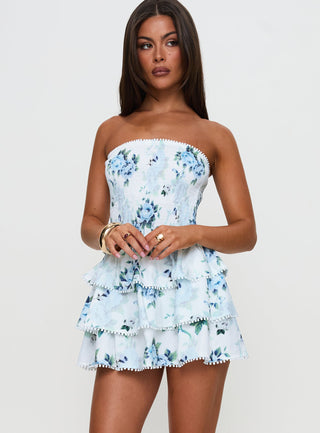 Sunkiss Frill Mini Dress White  Blue