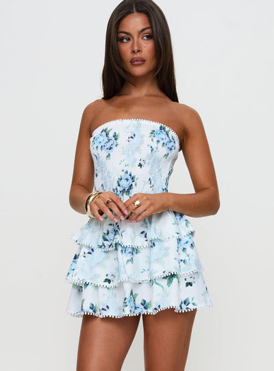 Sunkiss Frill Mini Dress White  Blue