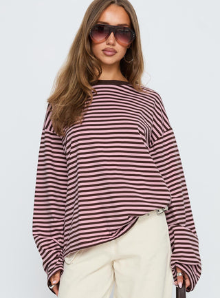 Settle Down Long Sleeve Top Pink  Brown Stripe