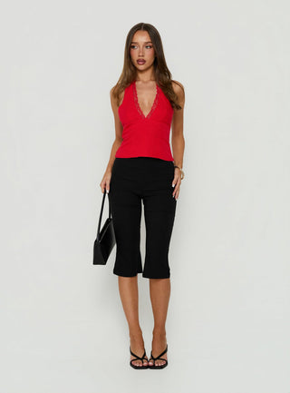 No Pressure Lace Trim Halter Top Red