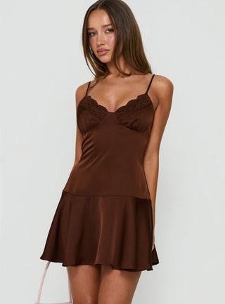 Starissa Lace Trim Mini Dress Chocolate