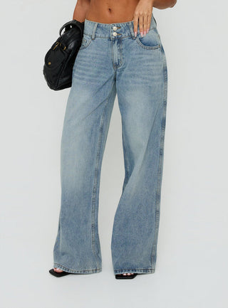 Ramos Low Rise Double Button Wide Leg Jeans Light Vintage Blue