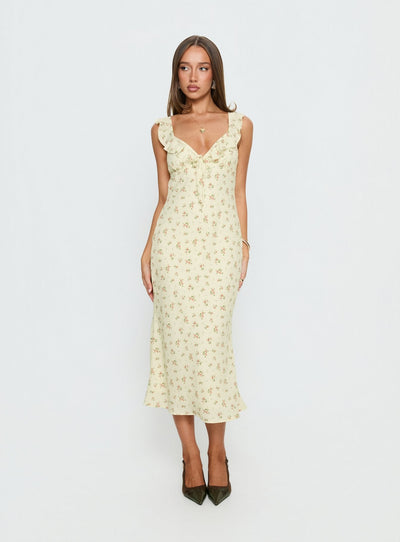 Leabelle Frill V Neck Maxi Dress Yellow Floral