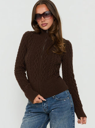 Arletta Cable Knit Zip Through Sweater Brown