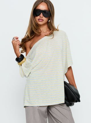 Winny Off Shoulder Tee Grey Marle  Lemon Stripe