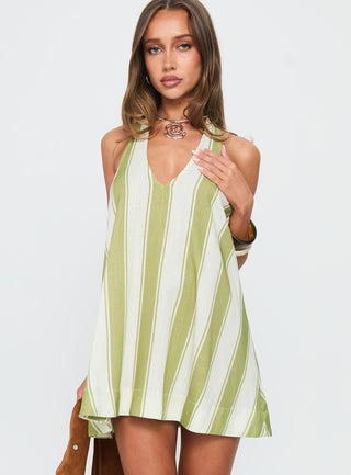 Khaia Halter Mini Dress Green  Cream Stripe