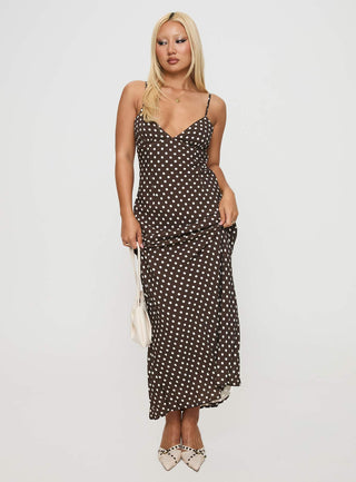 Jorjana Maxi Dress Brown  White Polka Dot