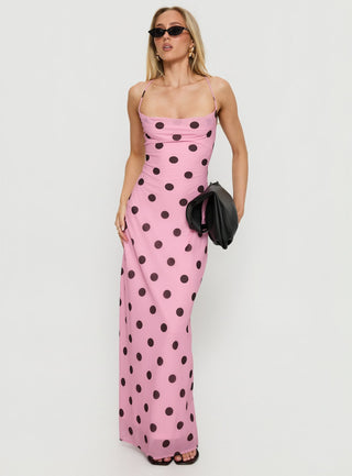 Celena Maxi Dress Pink  Brown Polka Dot