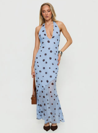 Oralee Halter Sheer Maxi Dress Blue  Polka Dot