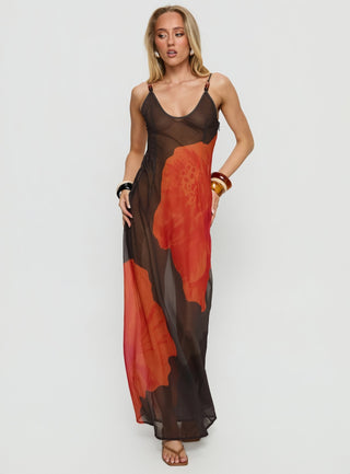 Carita Sheer Chiffon Maxi Dress Brown  Orange Floral