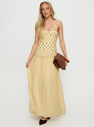 Marguerite Halter Maxi Dress Lemon  Brown Polka Dot
