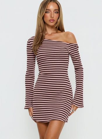 Adrietta Long Sleeve Off Shoulder Mini Dress Chocolate  Pink Stripe