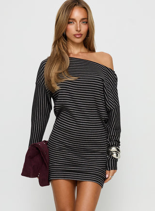 Alayne Long Sleeve Knit Mini Dress Black  Grey Stripe