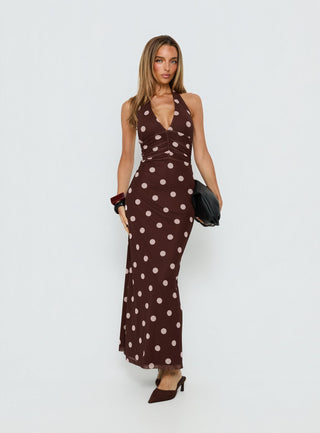 Saviana Halter Ruched Maxi Dress Chocolate  Pink Polka Dot
