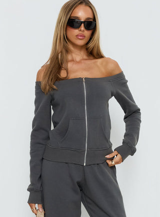Airazo Off Shoulder Zip Through Sweatshirt Grey
