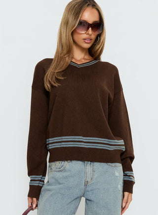 Yarnia V Neck Jumper Brown  Blue