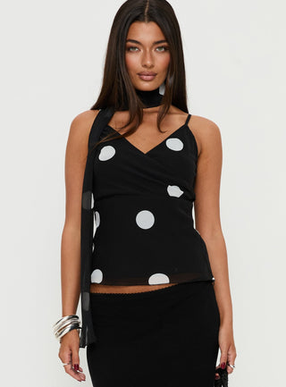 Jenae Scarf Detail Cami Top Black  White Polka