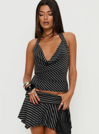 Dyana Cowl Neck Top Grey  Black Stripe