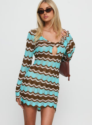 Suka Long Sleeve Knit Mini Dress Brown  Blue